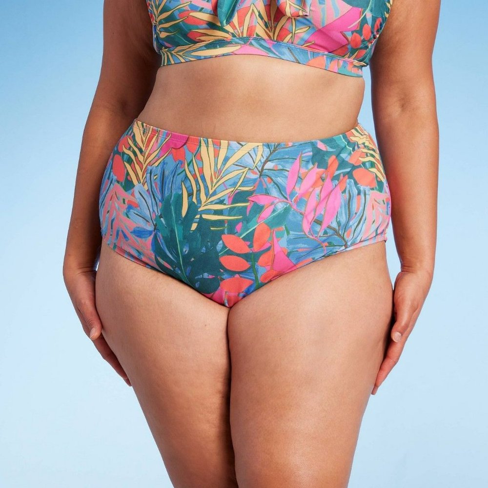 Womens Abstract Tropical High Waist High Coverage Bikini Bottom Kona Sol Blue 1X